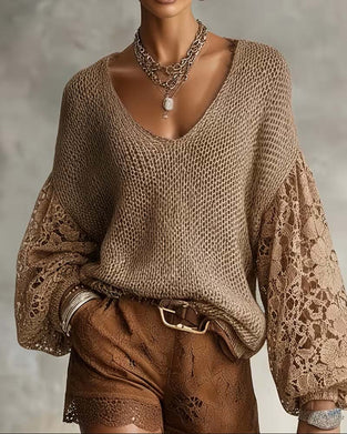 Pullover Blonde Udskæring Patchwork Lanterneærme