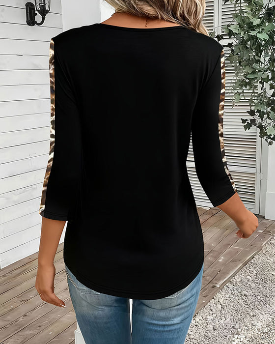 T-Shirt Lang Ærme V-Hals Leopard Patchwork