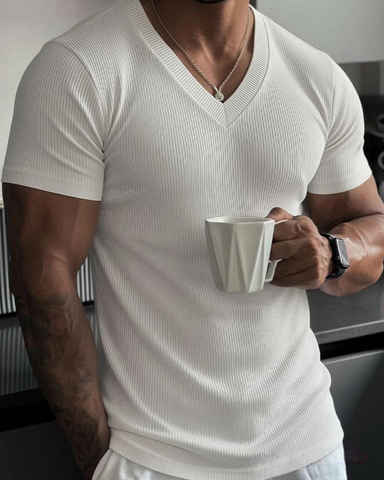 T-Shirt V-Hals Ribbet Solid Farve Herre