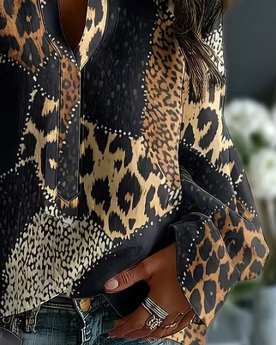 Bluse Mini Mandarin Krave Leopard Panel Afslappet