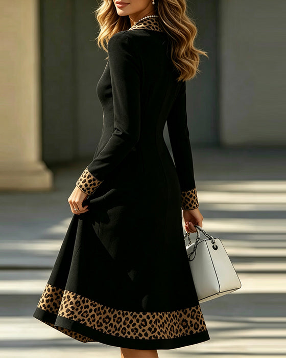Kjole V-Hals Leopardprint Knap A-Linje