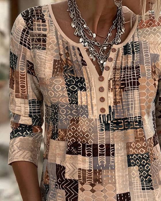 T-Shirt Geometrisk Patchwork Tryk Henley