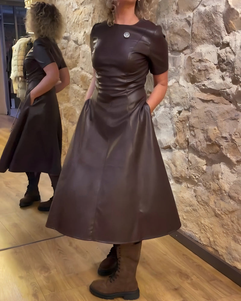 Kjole Pu Læder Taljet Kortærmed