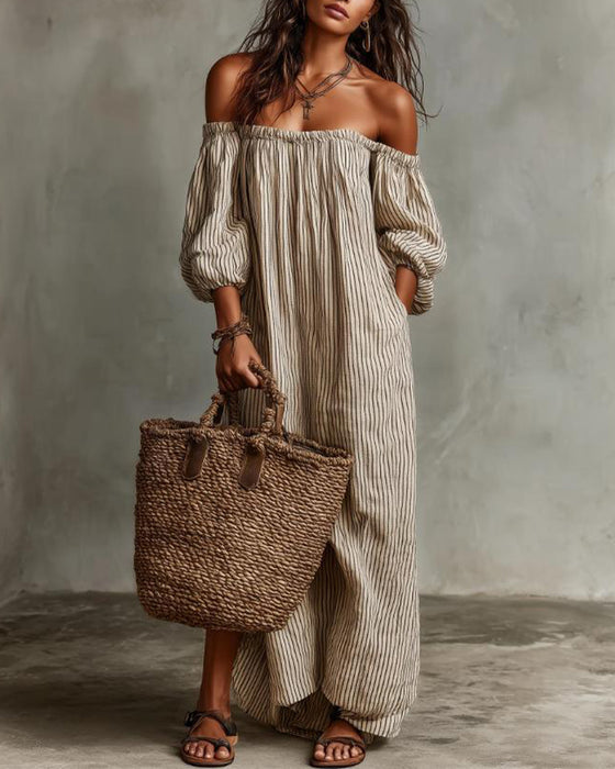 Kjole Løs Off-Shoulder Stribet