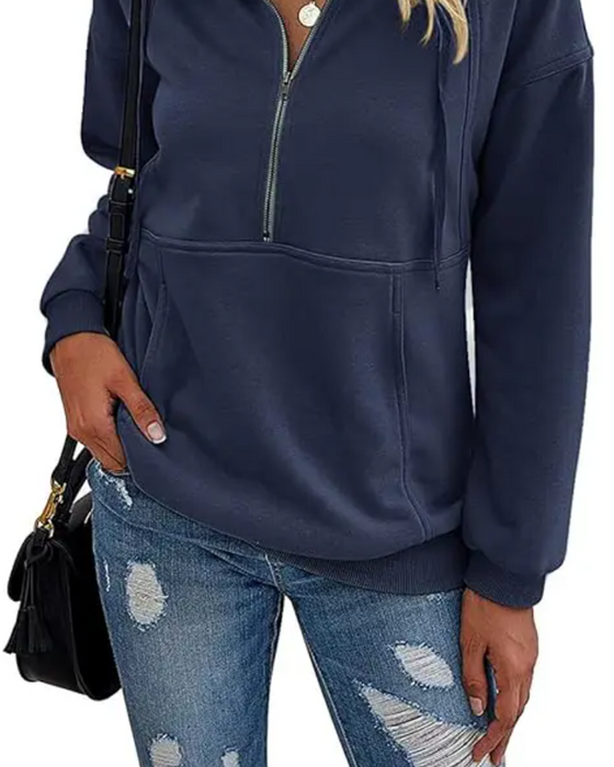 Sweatshirt Ensfarvet Revers Lynlås Lomme