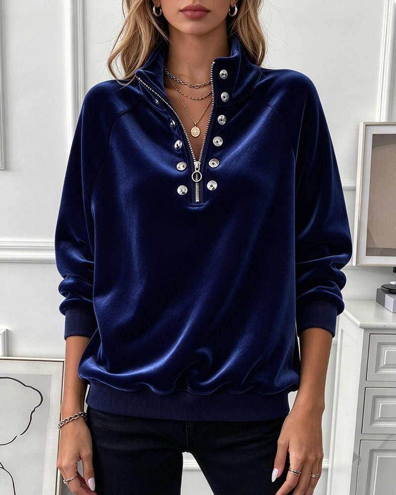Sweatshirt Høj Hals Lynlås Knap Lang Ærme