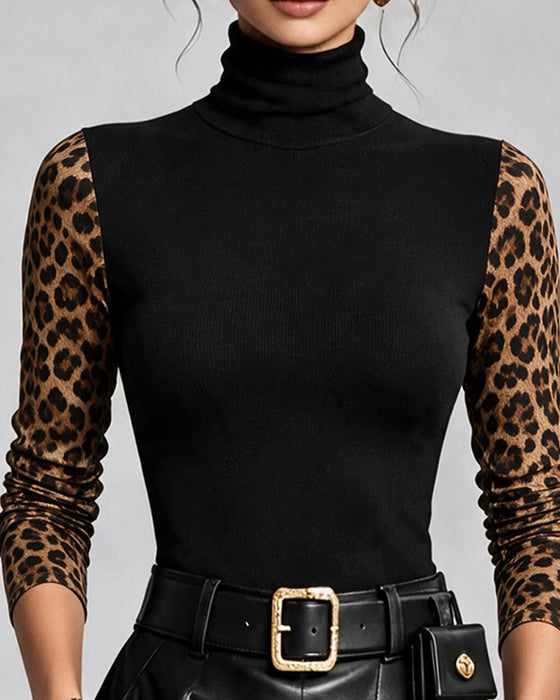 Top Leopardmønster Sammensat Høj Hals Slimfit