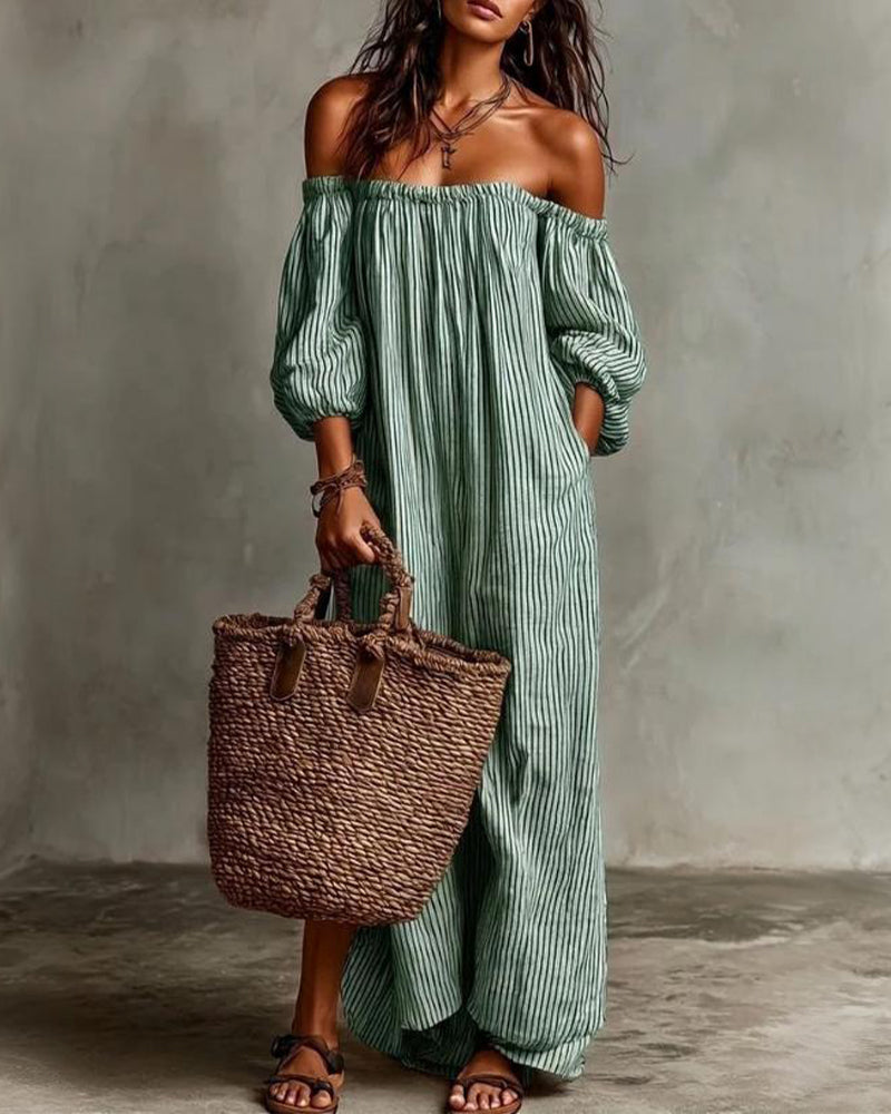 Kjole Løs Off-Shoulder Stribet