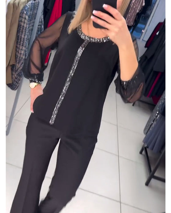 Bluse Pailletter Panel Langærmet