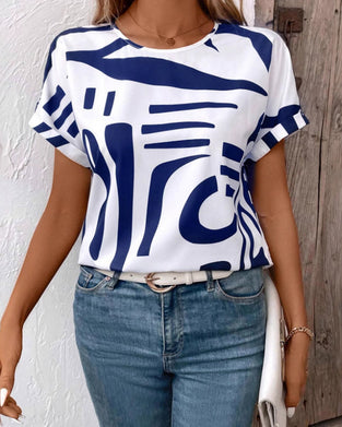 T-Shirt Rund Hals Kort Ærme Geometrisk Tryk