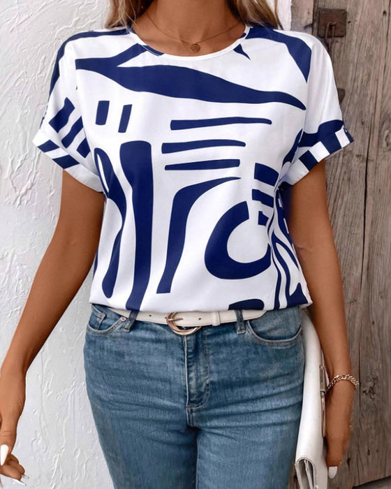 T-Shirt Rund Hals Kort Ærme Geometrisk Tryk