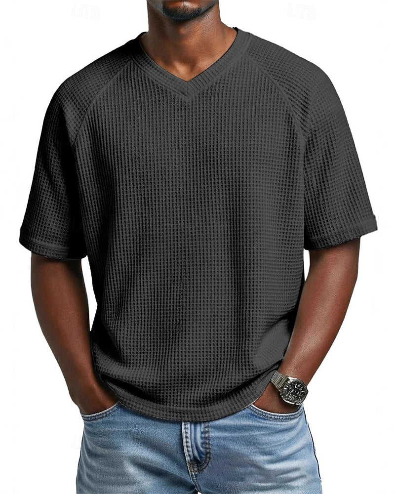 Herre V-Hals T-Shirt I Waffelstruktur, Afslappet Kortærmet Top I Ensfarvet