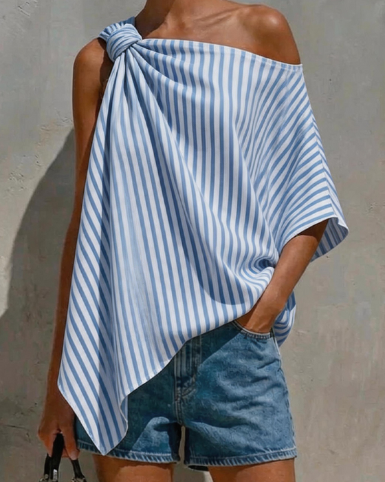 Bluse Stribet Løs Asymmetrisk Design