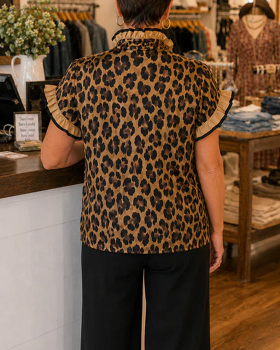 Bluse Leopard Ruffle Kort Ærme