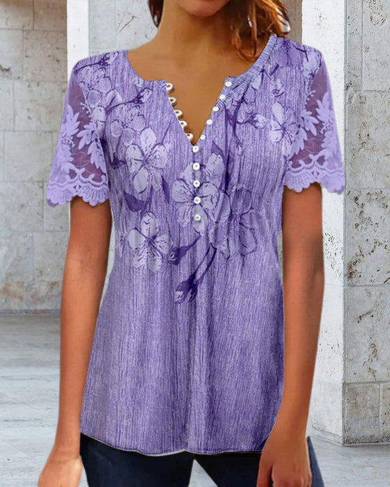 Bluse Med Blondedetalje Rund Hals Trykt