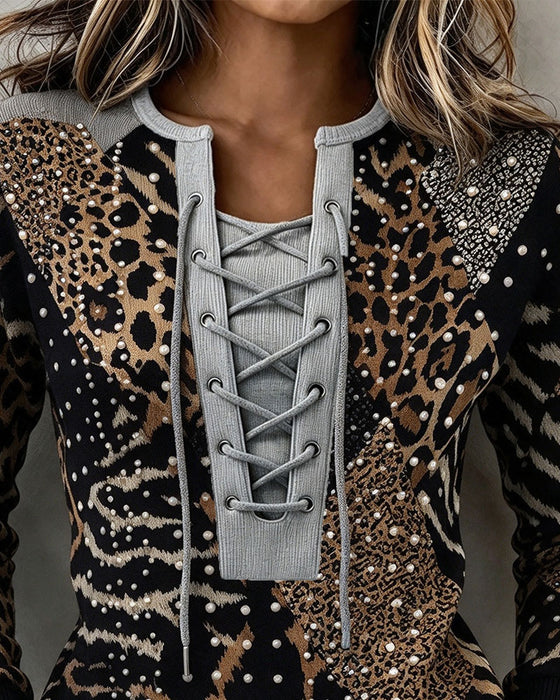 Sweatshirt Bind Leopard Patchwork Figursyet
