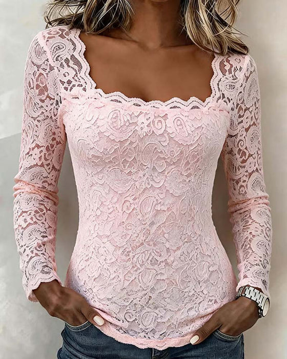 Bluse Firkantet Hals Blonder Patchwork