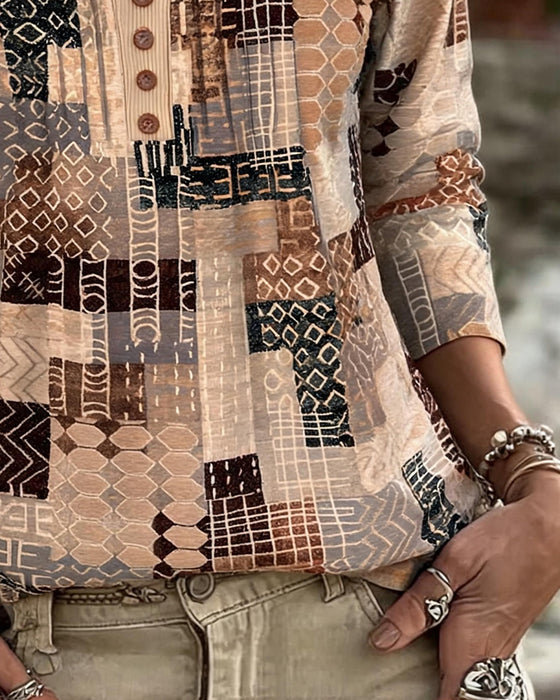 T-Shirt Geometrisk Patchwork Tryk Henley