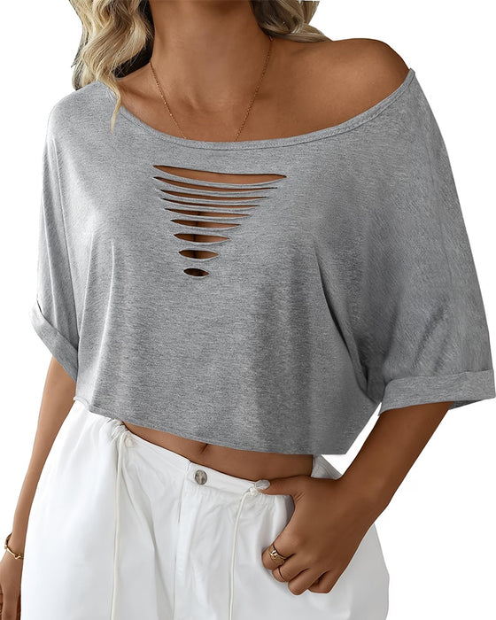 T-Shirts Off-Shoulder Asymmetrisk Revnet Rullet Kant