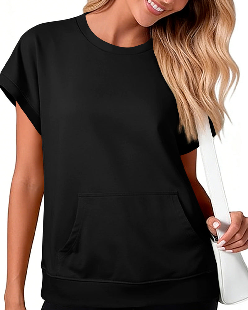 Bluse Forlomme Ensfarvet Rund Hals
