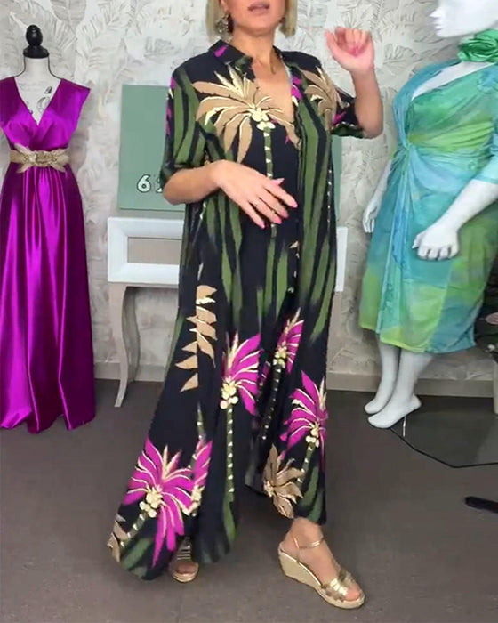 Kortærmet kjole med slids og palmemotiv