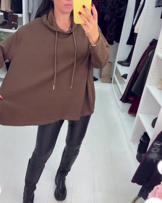 Uregelmæssig Løstsiddende Ensfarvet Langærmet Hoodie