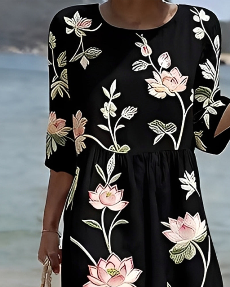 Blomstret Kjole Rundhals