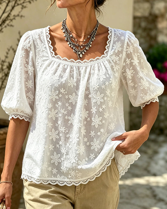 Bluse Med Firkantet Hals Puffærmer Jacquard