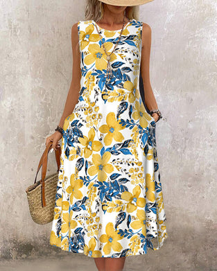 Ærmeløs kjole med blomsterprint og lomme