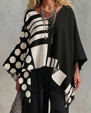 Bluse Polka Dot Stribe Patchwork V Halsudskæring