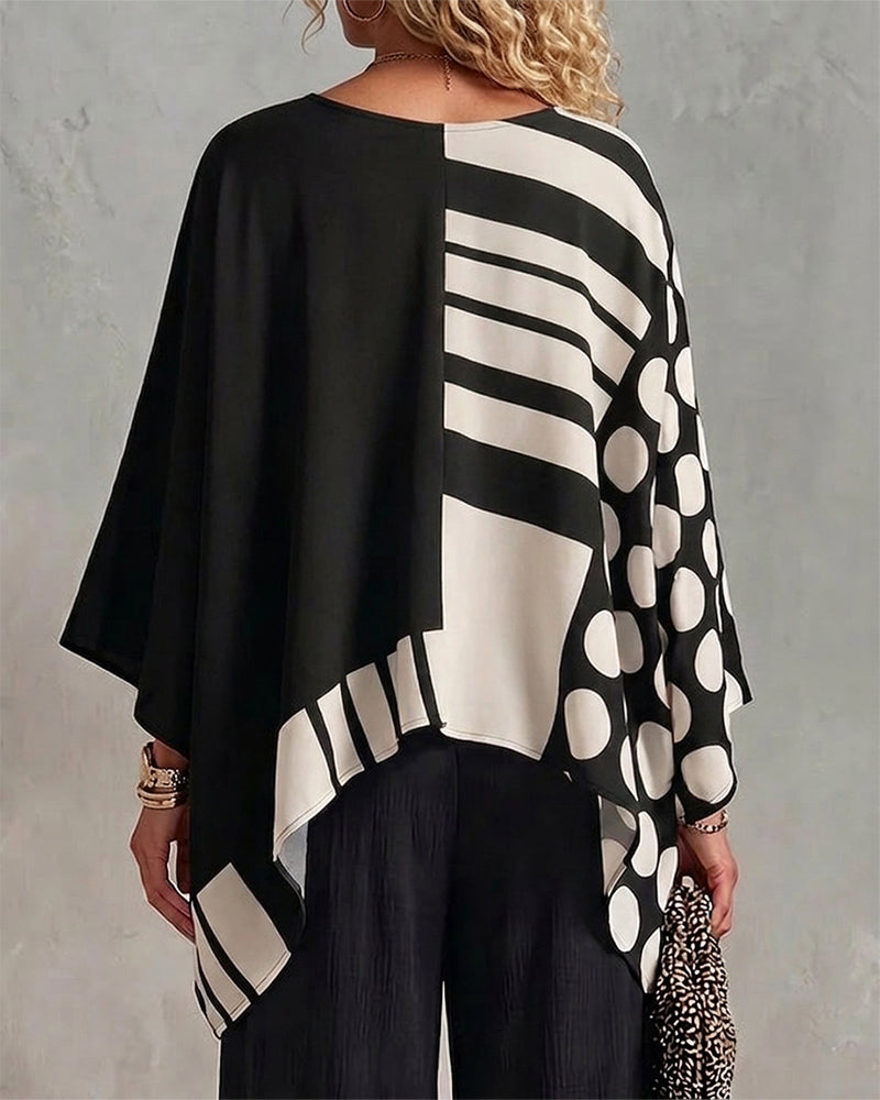 Bluse Polka Dot Stribe Patchwork V Halsudskæring