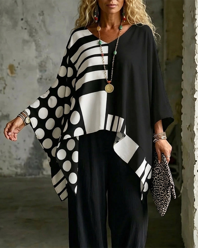 Bluse Polka Dot Stribe Patchwork V Halsudskæring