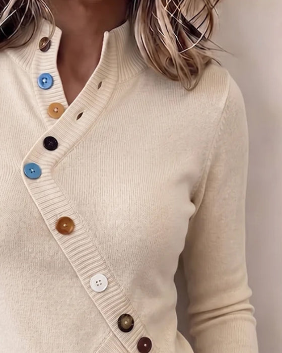 Pullover Mandarin Krave Farveblok Asymmetrisk Knap