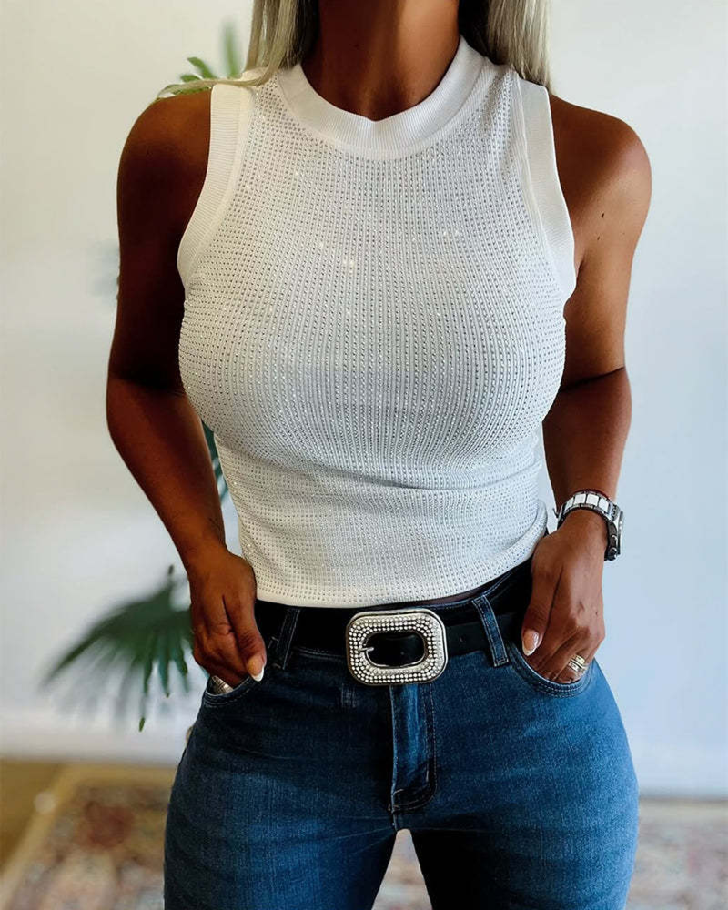 Tanktop Ensfarvet Ribstrikket Strass Tætsiddende