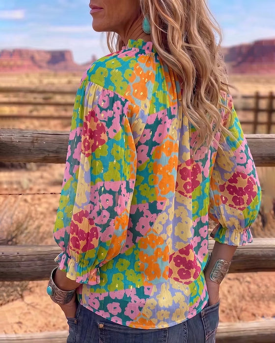 Bluse Blomstret V-Hals Bind-Foran Puff Ærme