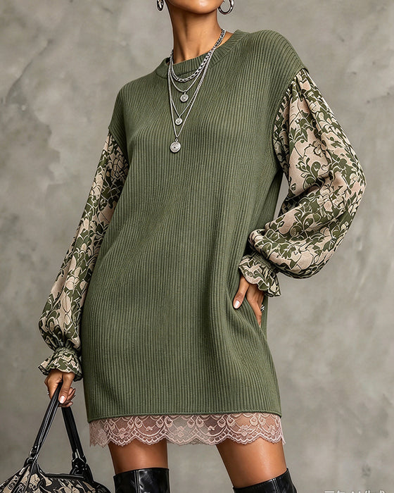 Kjole Rund Hals Ribbet Blonde Patchwork Flæse