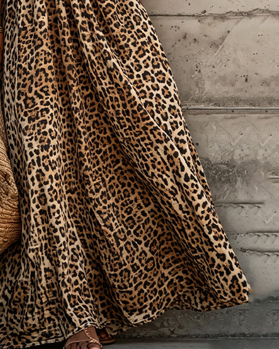 Kjole Leopard Tryk V-Hals Puff Ærme