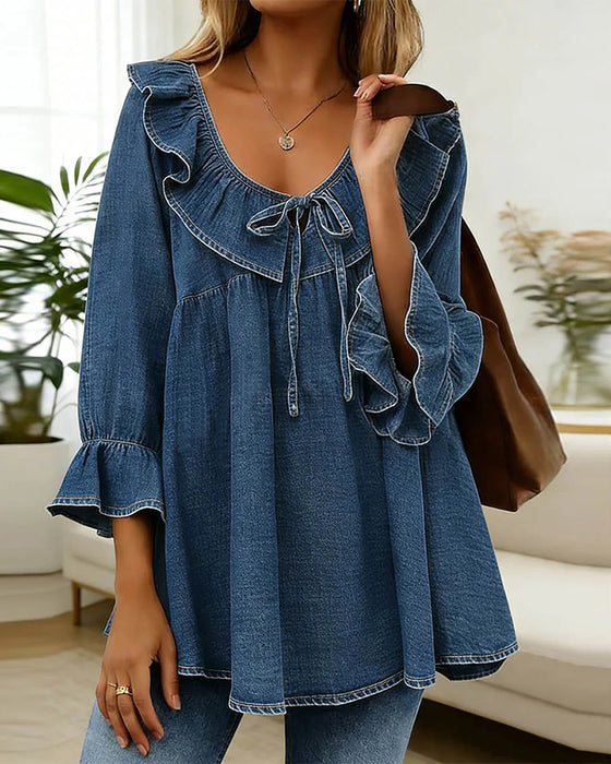 Bluse Flæsebind Denim Rund Hals