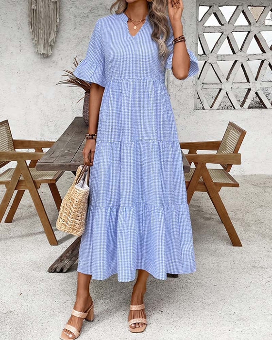 Kjole Blå Hvid Gingham V-Hals