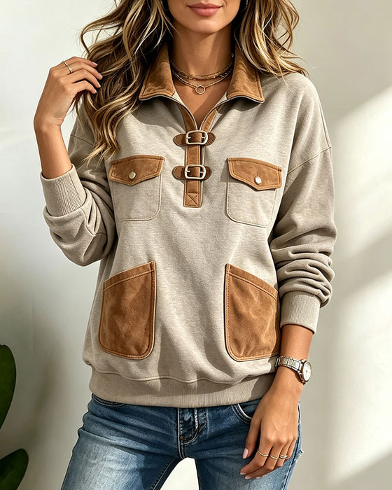Sweatshirt Suede Patchwork Lomme