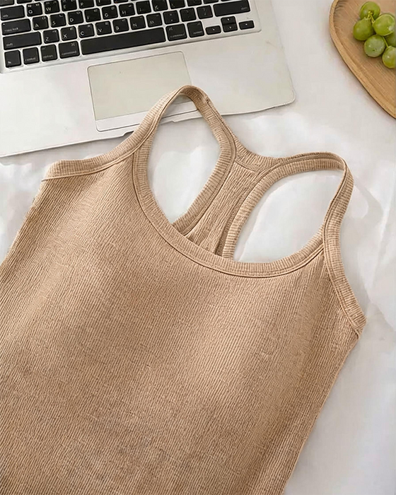 Tanktop Indbygget Bh Ribstrikket Ensfarvet