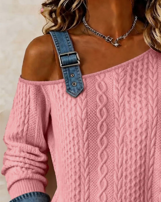 Sweatshirt En-Skulder Stroppet Denim Patchwork Afslappet