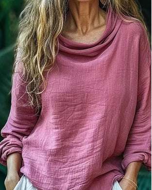 Bluse Draperet Hals Casual Ensfarvet Lang Ærme