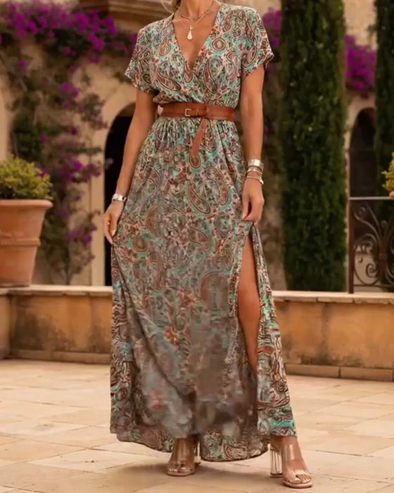 Kjole V-Hals Vintage Paisley Slids Lang