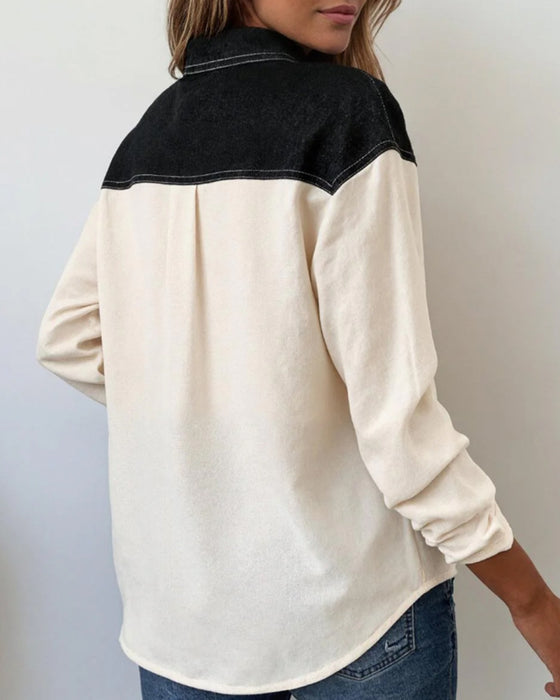 Bluse afslappet lapel denim patchwork