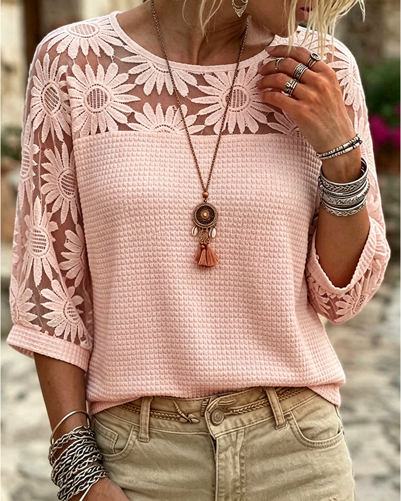 T-Shirt Rund Hals Knipling Vaffel Patchwork