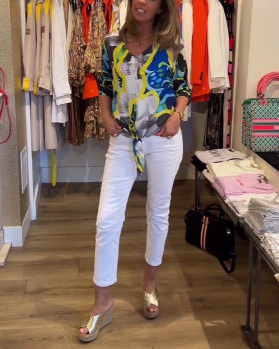 Bluse med V-udskæring og gule accenter