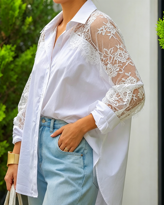 Bluse Blonder Patchwork Slag Lang Ærme