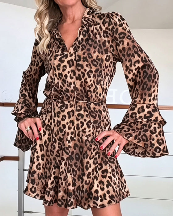 Kjole V-Hals Leopardprint Snøring Kort