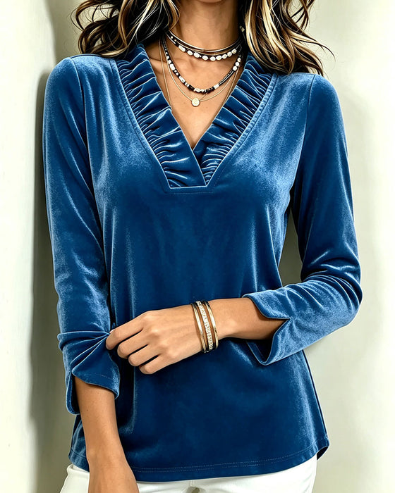 Bluse V-Hals Ruffle Rynket Slids